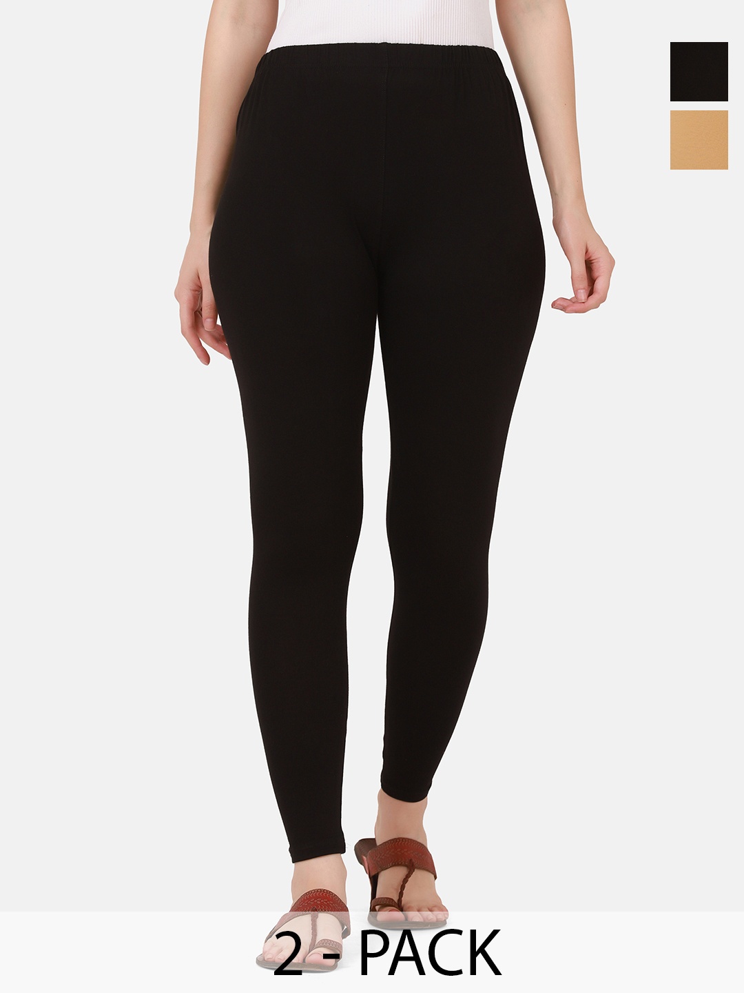 

DIMPY GARMENTS Pack Of 2 Pure Cotton Mid Rise Ankle Length Leggings, Black