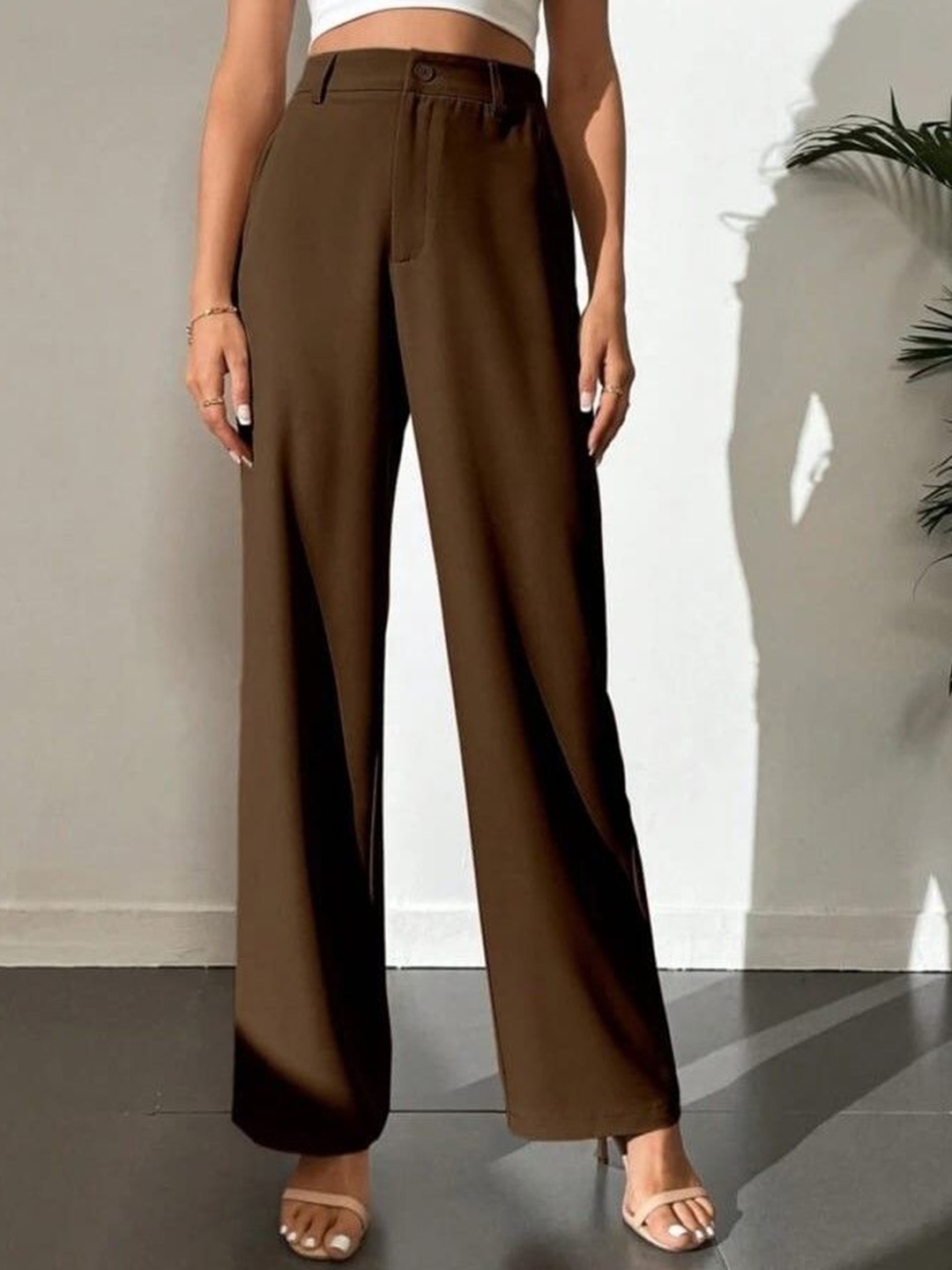 

BROADSTAR Women Smart Straight Fit High-Rise Easy Wash Trousers, Coffee brown