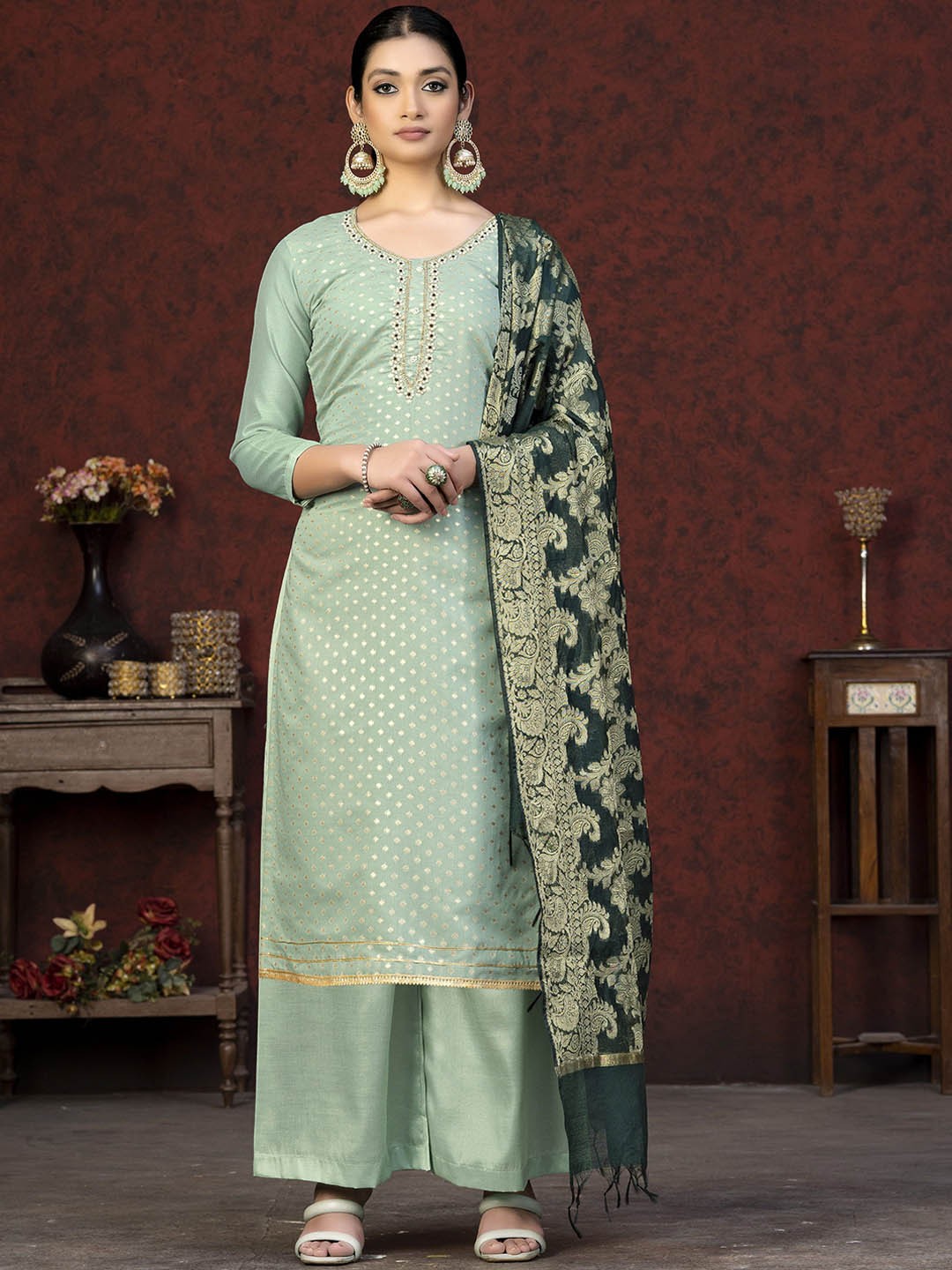 

SAINOOR Embellished Semi-Stitched Dress Material, Green