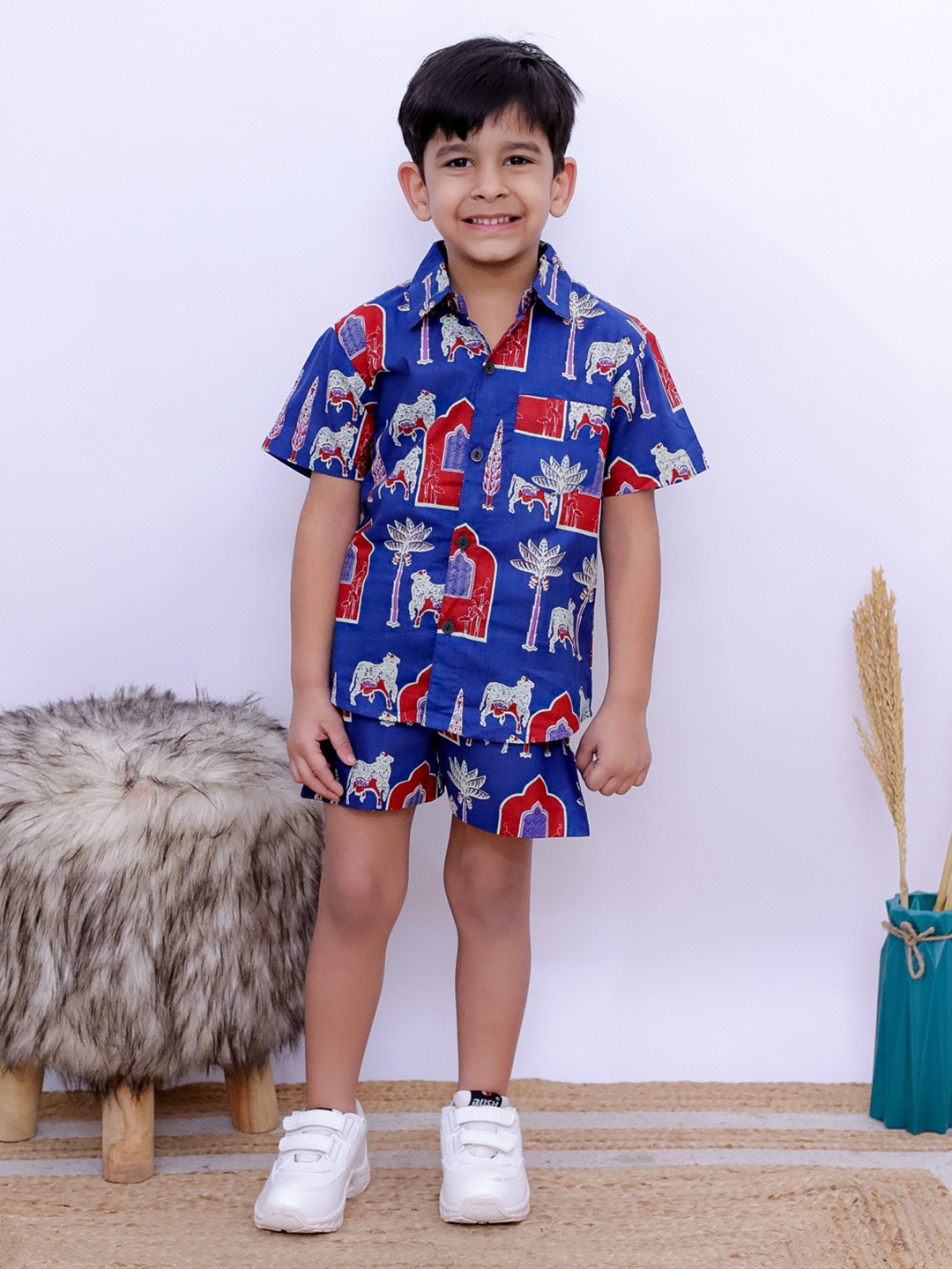 

UNBIND Boys Printed Cotton Shirt with Shorts Clothing Set, Blue