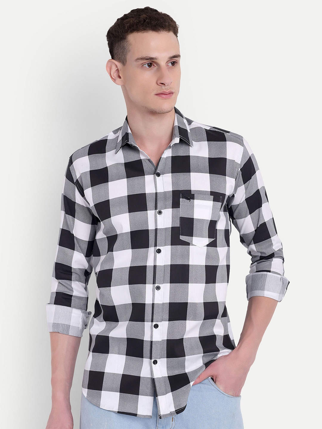

Moda Rapido Men Classic Gingham Checks Opaque Checked Casual Shirt, White