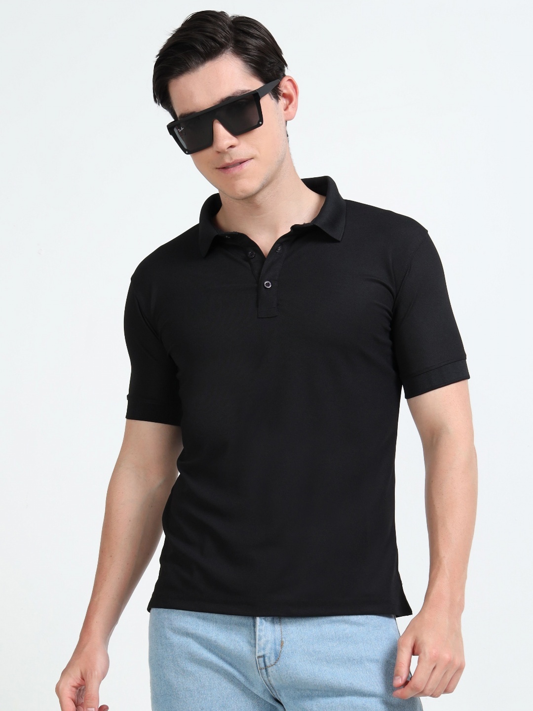 

QUCO Poly Pique Structured Polo T-Shirt, Black