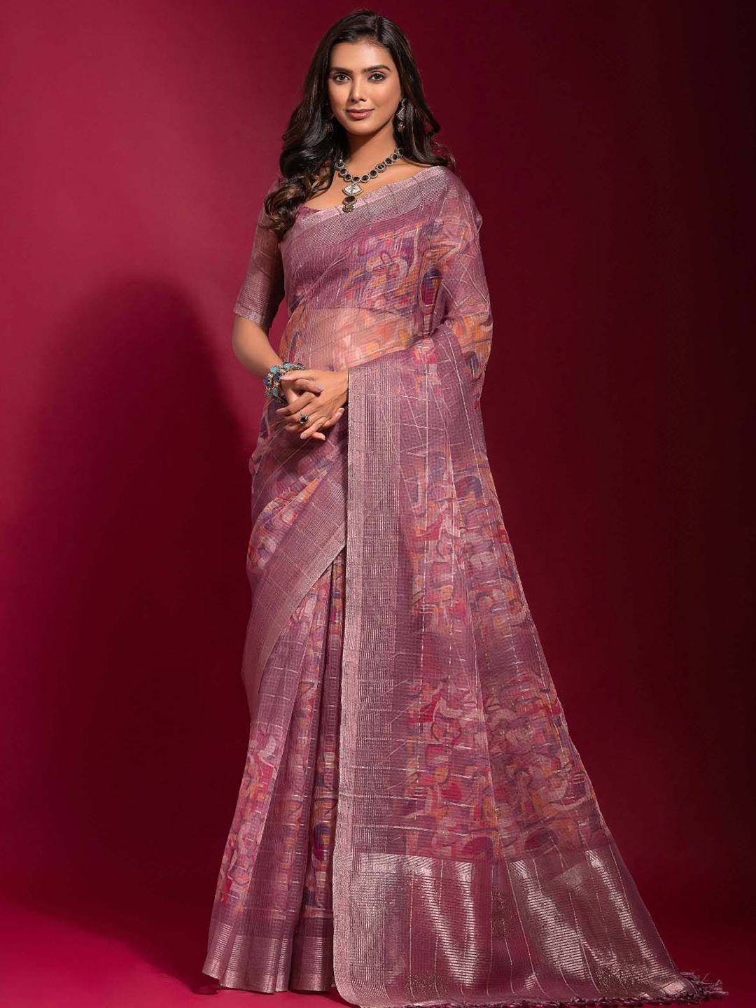 

Mitera Embellished Zari Linen Blend Saree, Pink