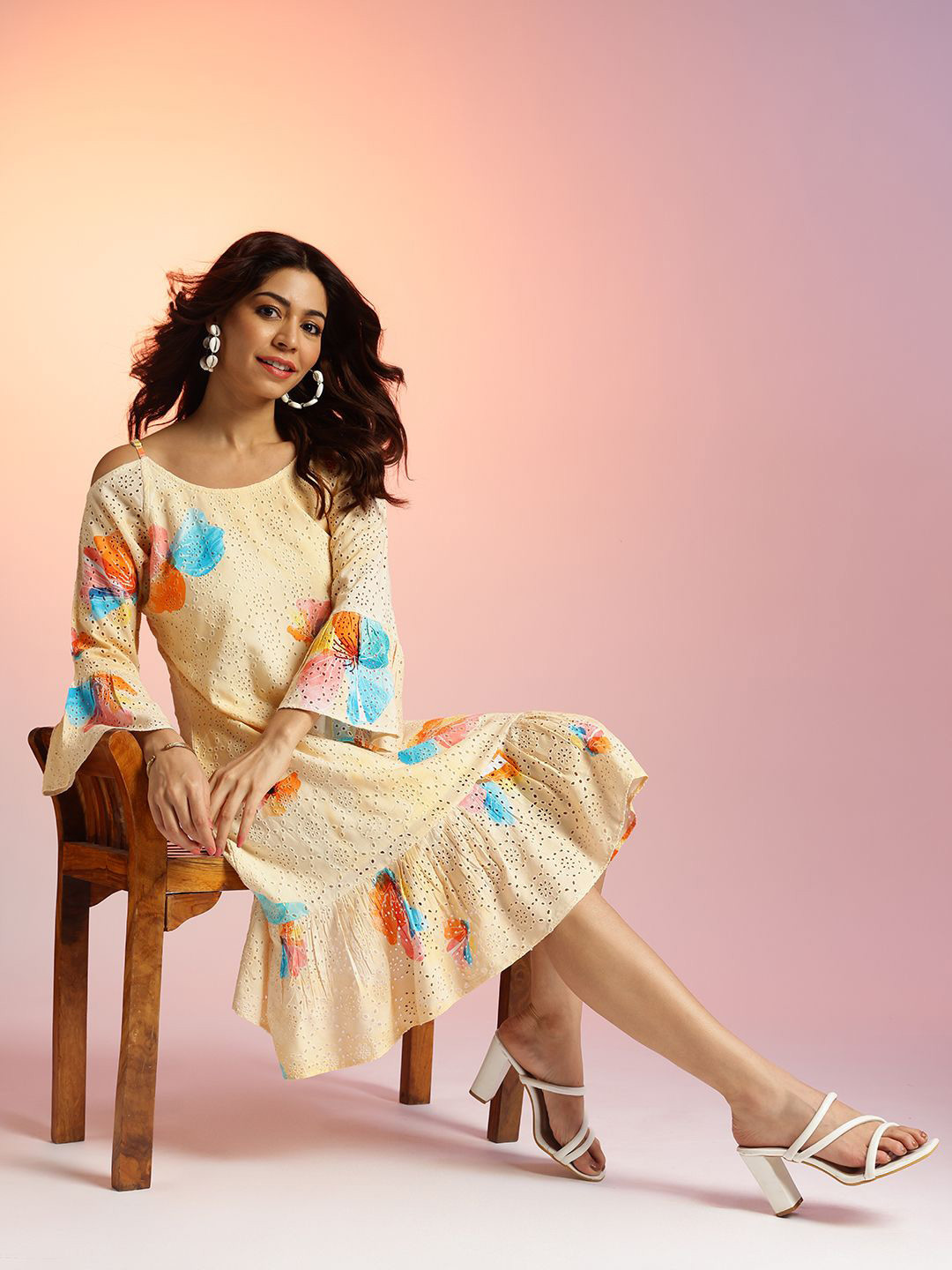 

navyasa by liva Floral Print Bell Sleeve Liva A-Line Midi Dress, Yellow