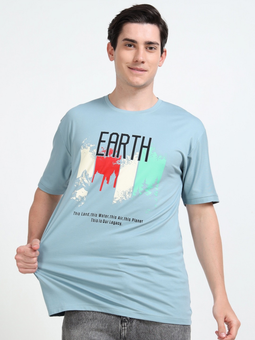 

QUCO Poly Stretch Round Neck Printed Half Sleeve T-Shirt, Blue