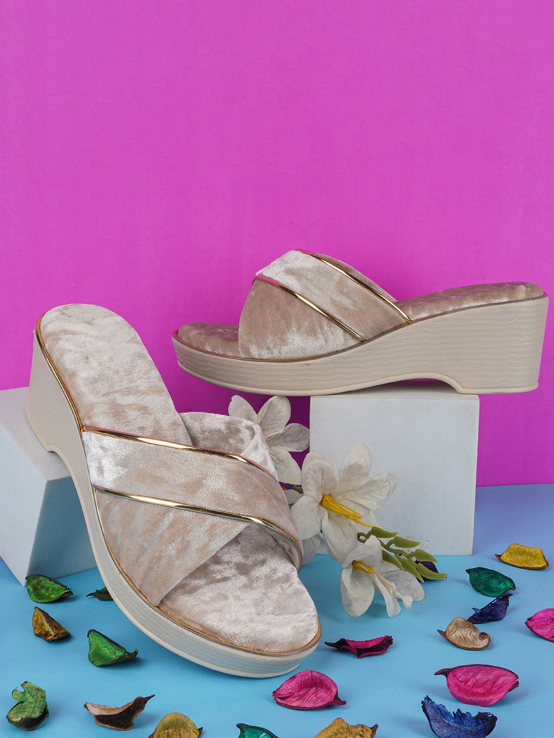 

BAESD Velvet Platform Mules, Cream