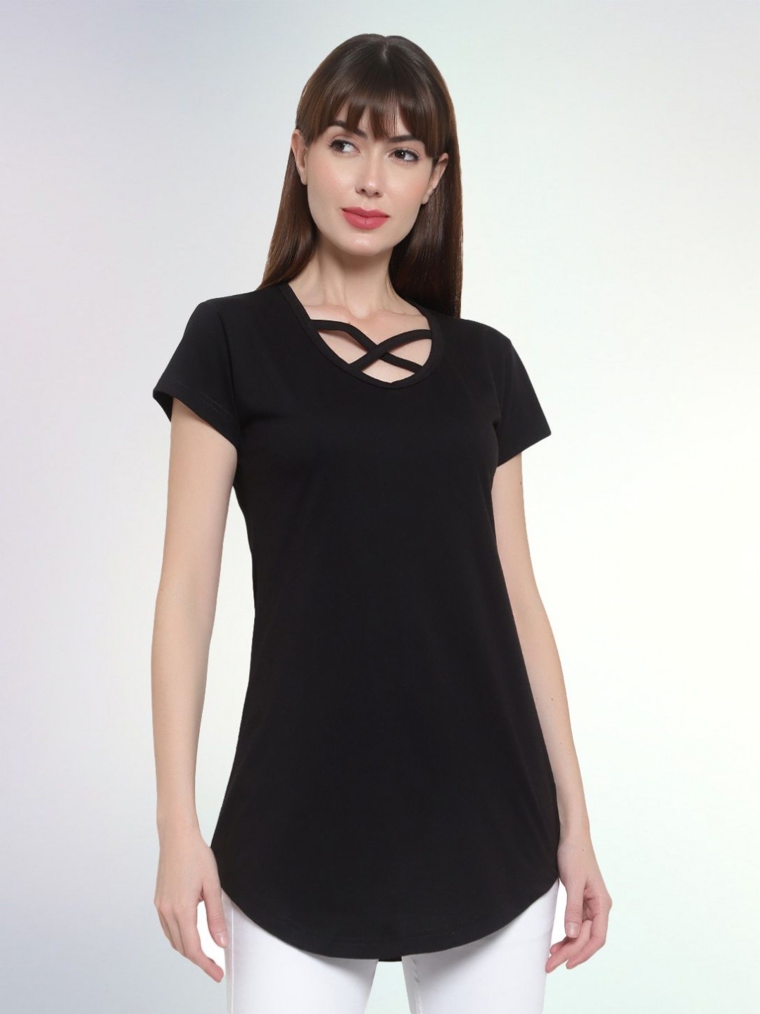 

Boldwink Women V-Neck Cut Outs Slim Fit T-shirt, Black