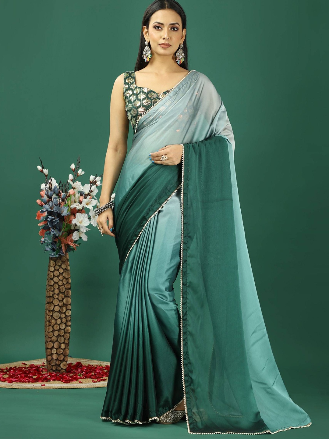 

DIVASTRI Ombre Beads and Stones Satin Banarasi Saree, Sea green