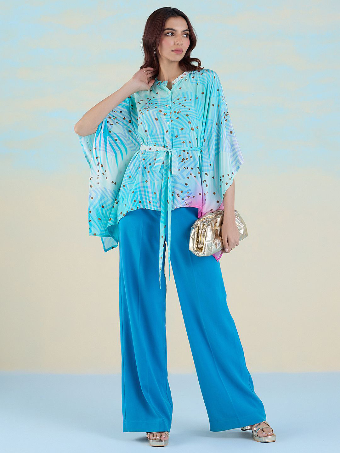 

navyasa by liva Print Mandarin Collar Liva Kaftan Top, Blue