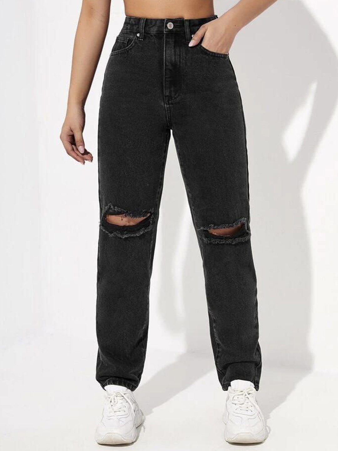 

Moda Rapido Women Comfort Boyfriend Fit High-Rise Slash Knee Jeans, Black