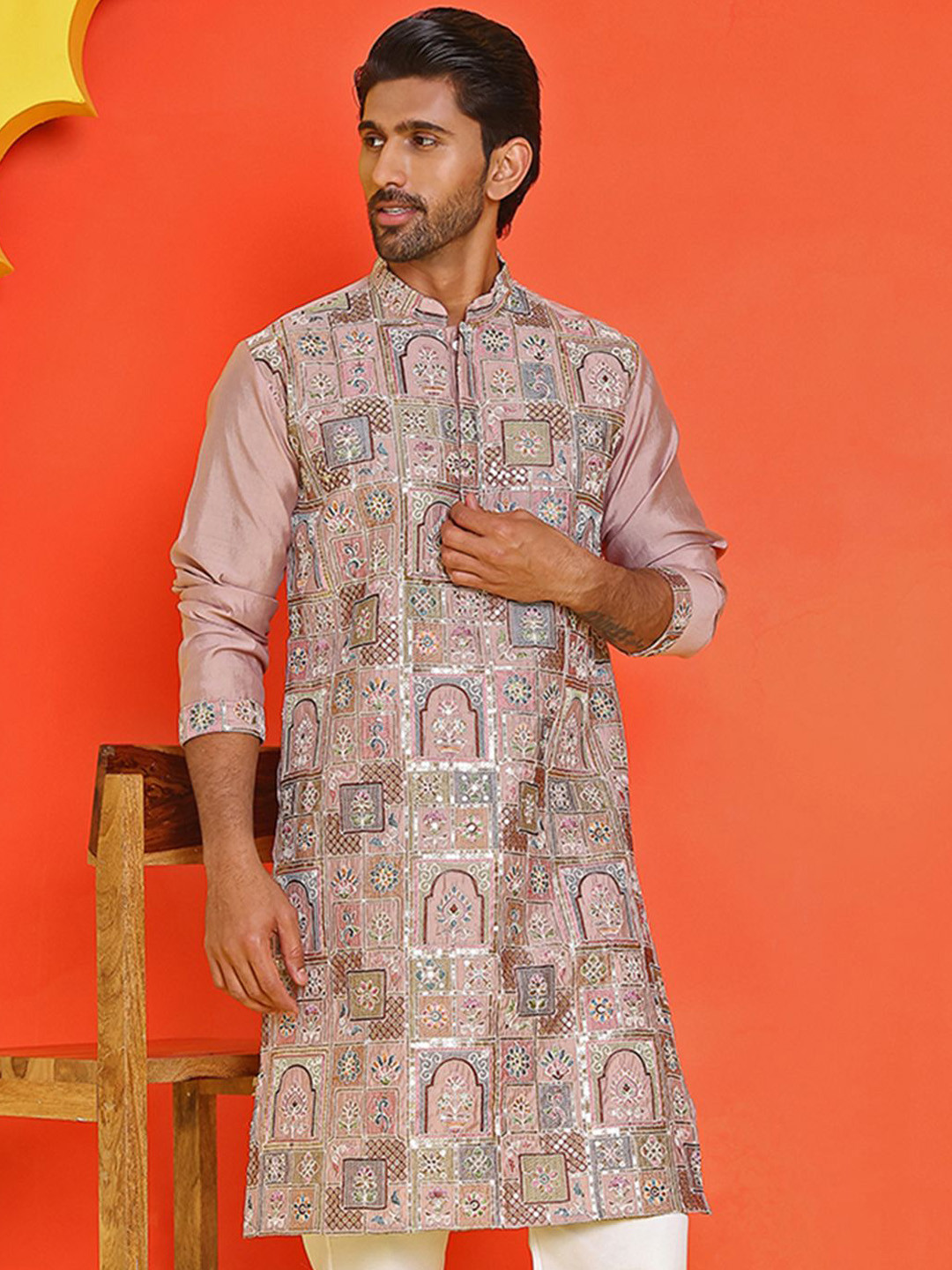 

Jompers Men Floral Embroidered Thread Work Floral Kurta, Peach
