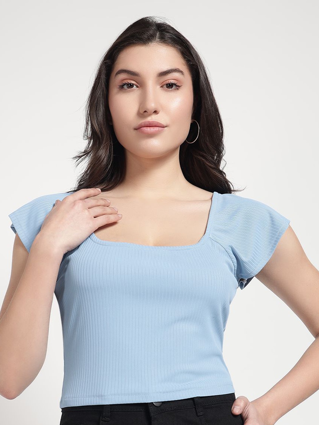 

The Roadster Lifestyle Co Pure Cotton Square Neck Crop Top, Blue