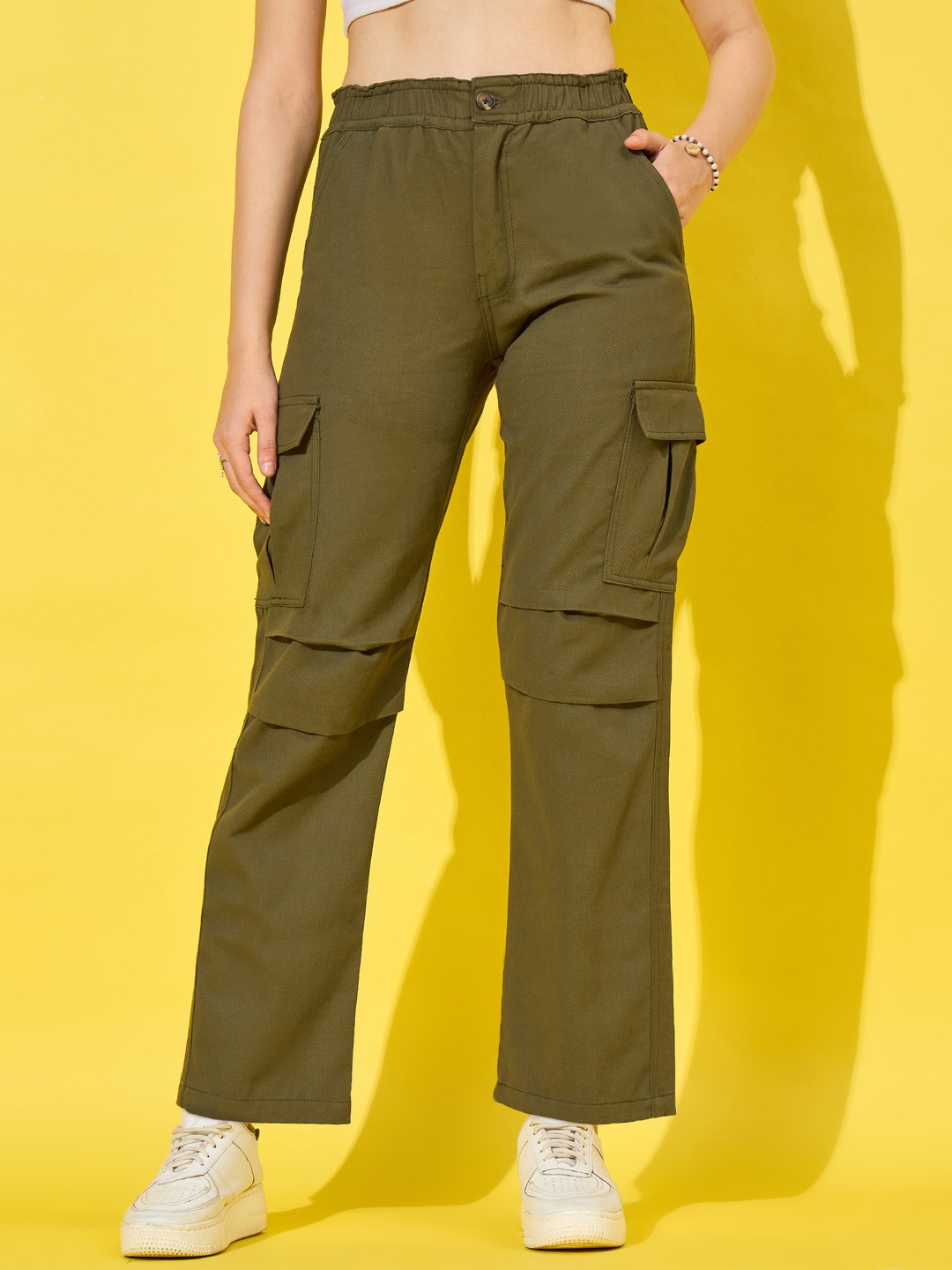 

DIMPY GARMENTS Women Relaxed High-Rise Cargos Trousers, Olive