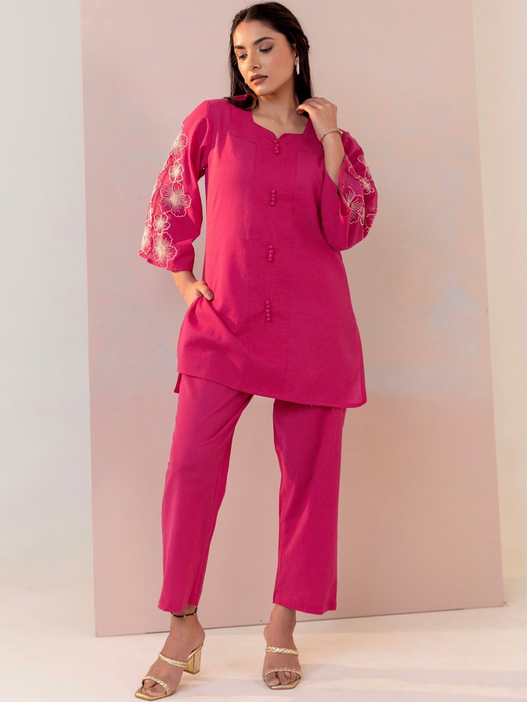 

AUTUMN LANE Floral Embroidered Pure Cotton Top & Trousers Co-Ords, Pink