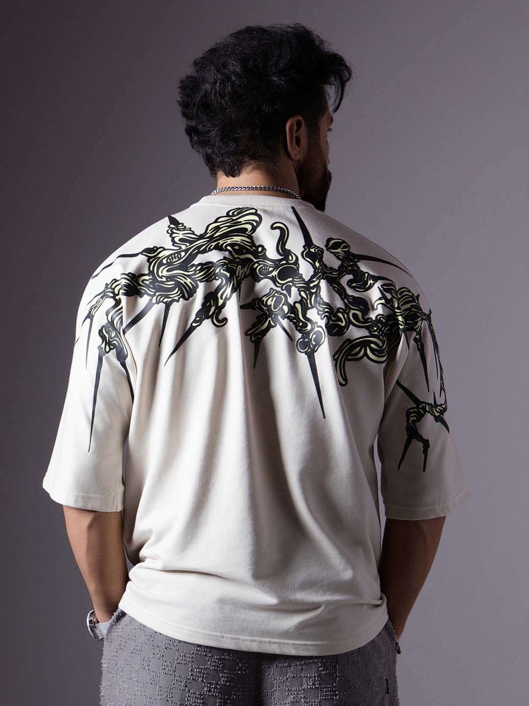

HOP HEAD Men Printed Polo Collar Drop-Shoulder Sleeves Pockets T-shirt, Cream