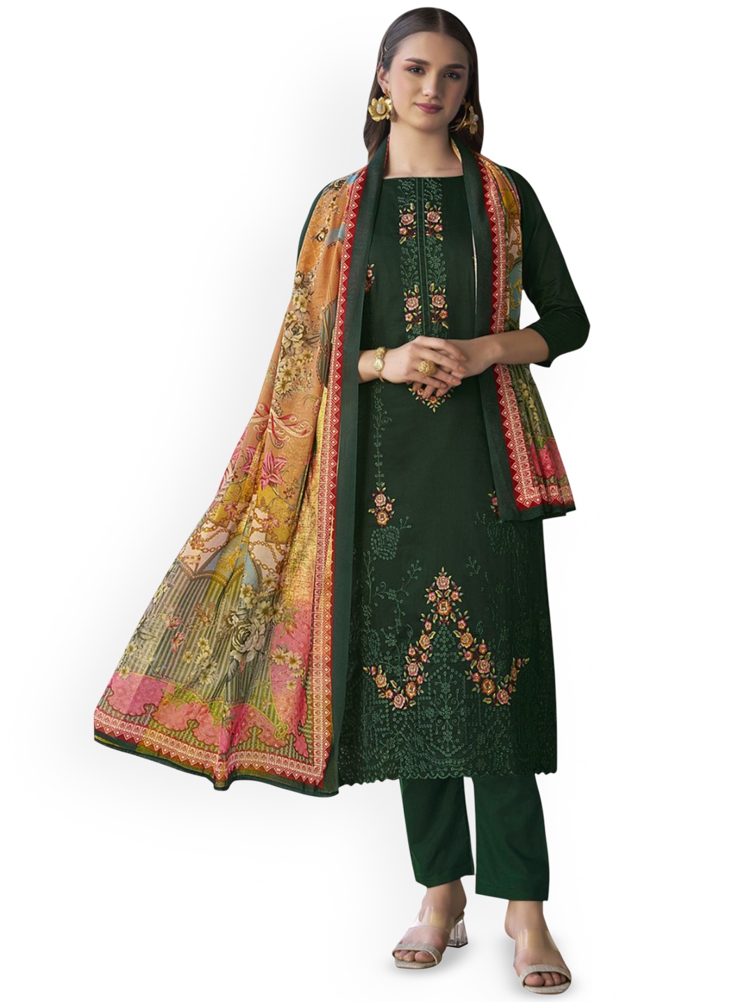

DRAVINAM Trends Embroidered Pure Cotton Unstitched Dress Material, Green