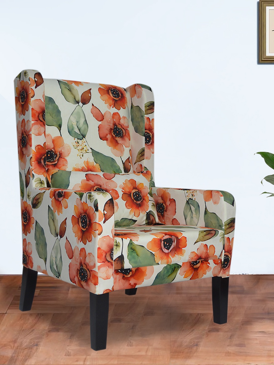 

GLOBALLY INDIAN Beige & Orange Wingback Wooden Arm Lounge Chair