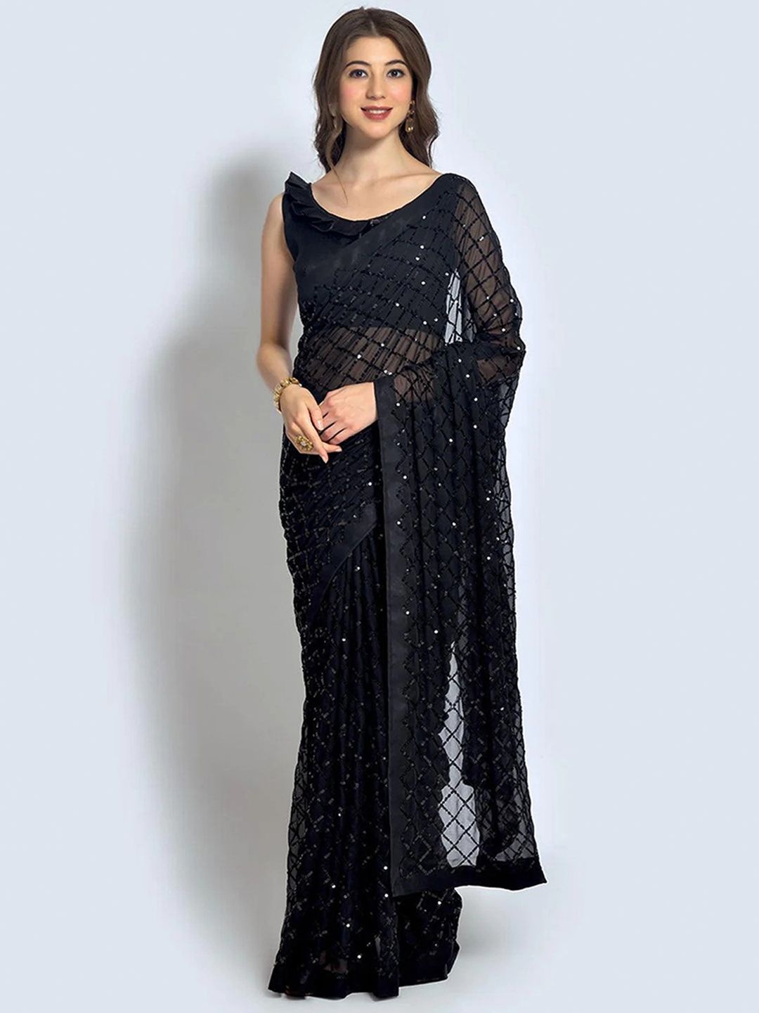 

Peachmode Checked Beads and Stones Pure Georgette Saree, Black