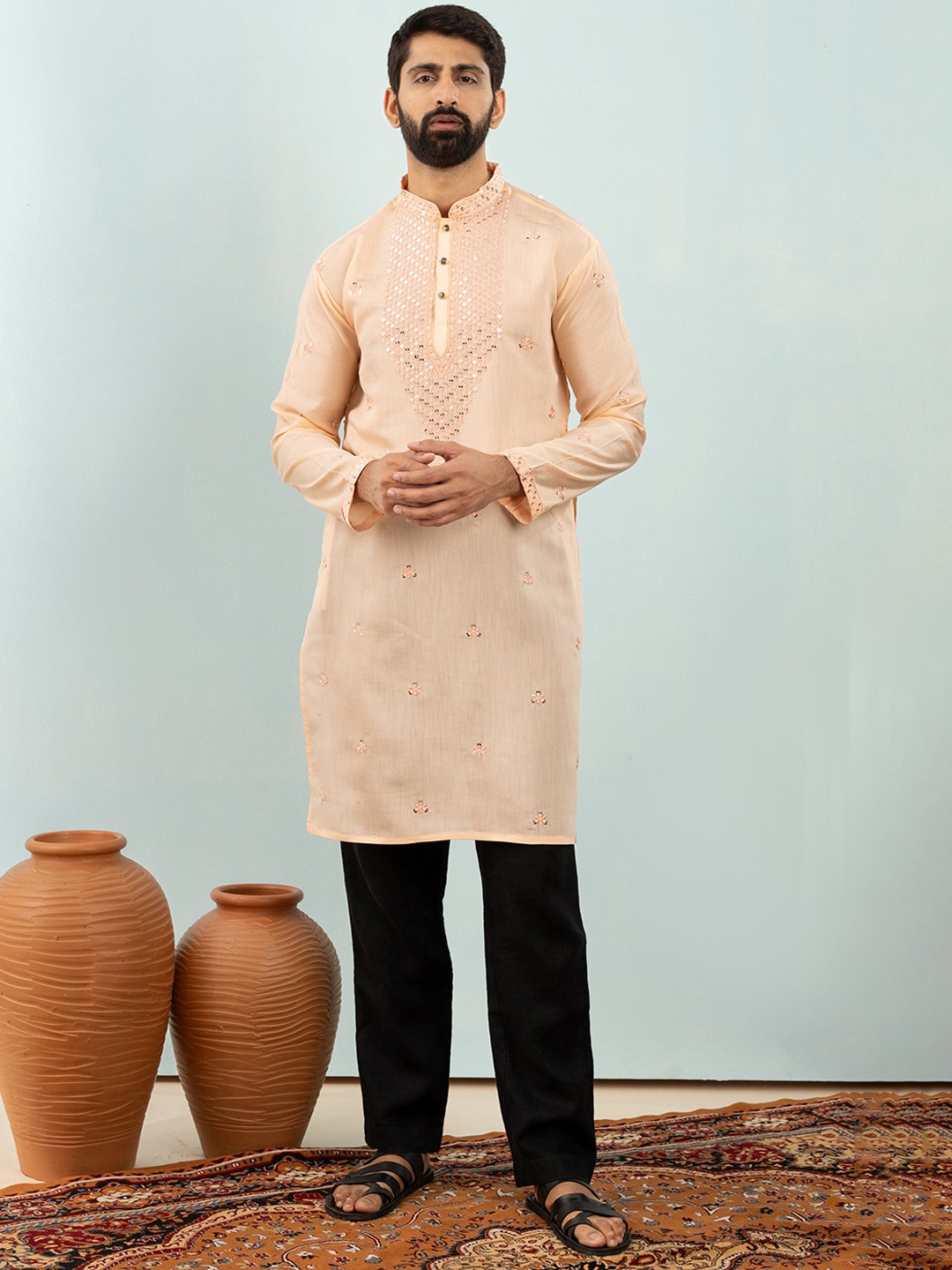

Shiv Leela Men Embroidered Mirror Work Kurta, Peach