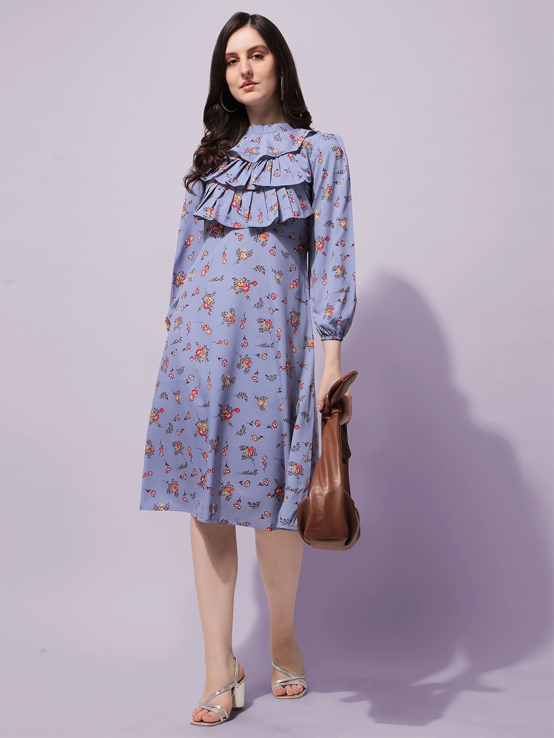 

Chemistry Floral Print Puff Sleeve Crepe A-Line Dress, Purple