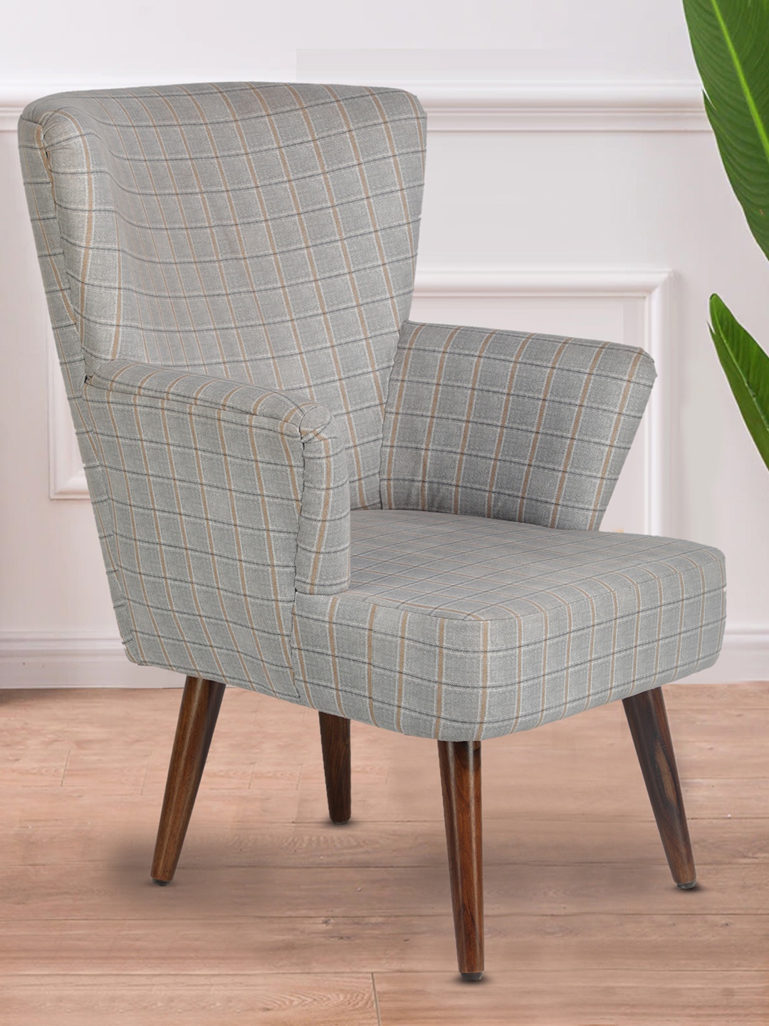 

GLOBALLY INDIAN Brown & Grey Printed Wooden Accent-Style Arm Lounge Chair