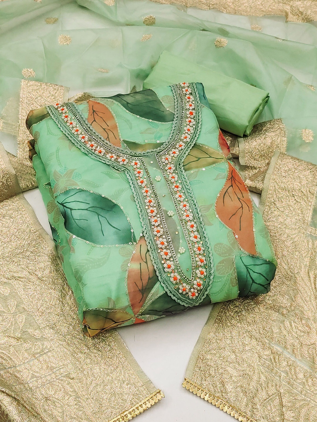 

SAINOOR Embroidered Organza Semi-Stitched Dress Material, Green