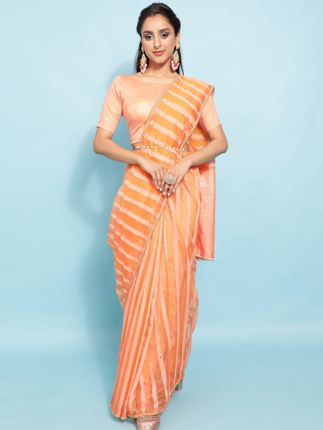 

Suha Striped Mirror Work Art Silk Saree, Peach