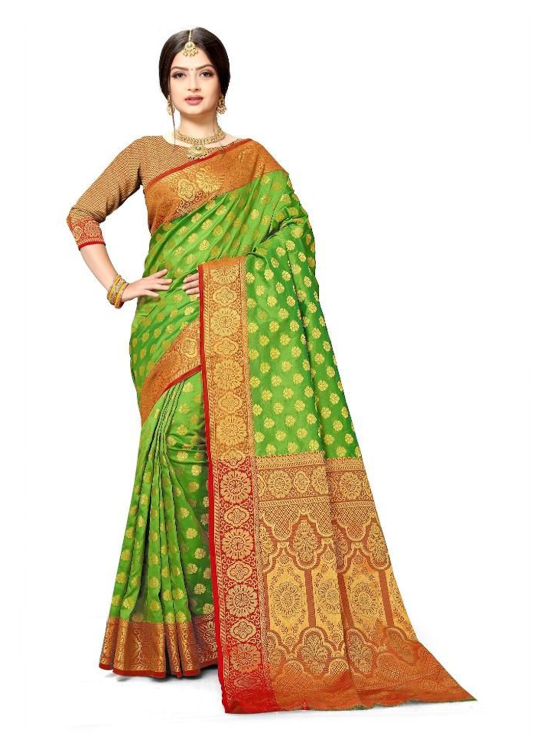 

AKSH FASHION Woven Design Zari Silk Blend Banarasi Saree, Green