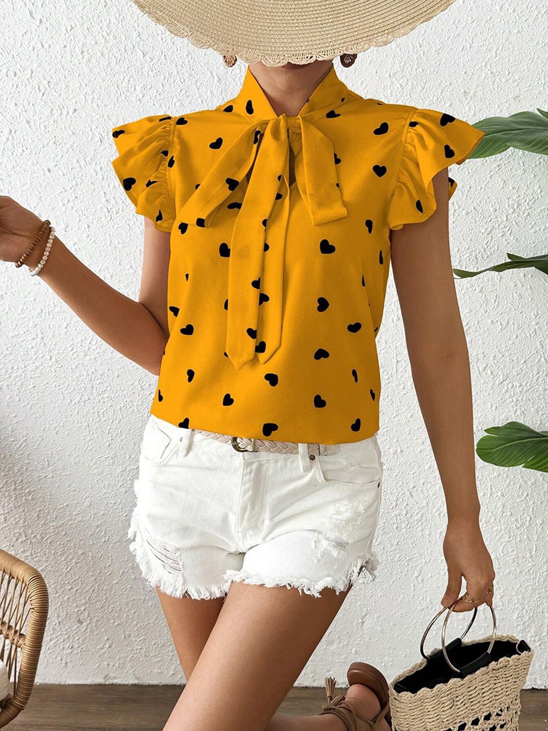 

JC Mode Polka Dot Print Tie-Up Neck Puff Sleeve Top, Yellow
