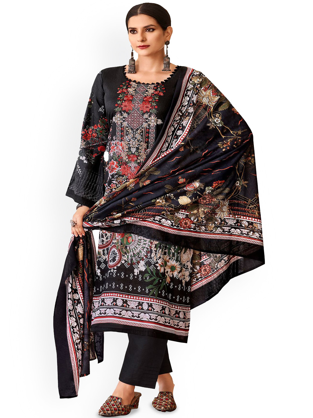

DRAVINAM Trends Embroidered Pure Cotton Unstitched Dress Material, Black