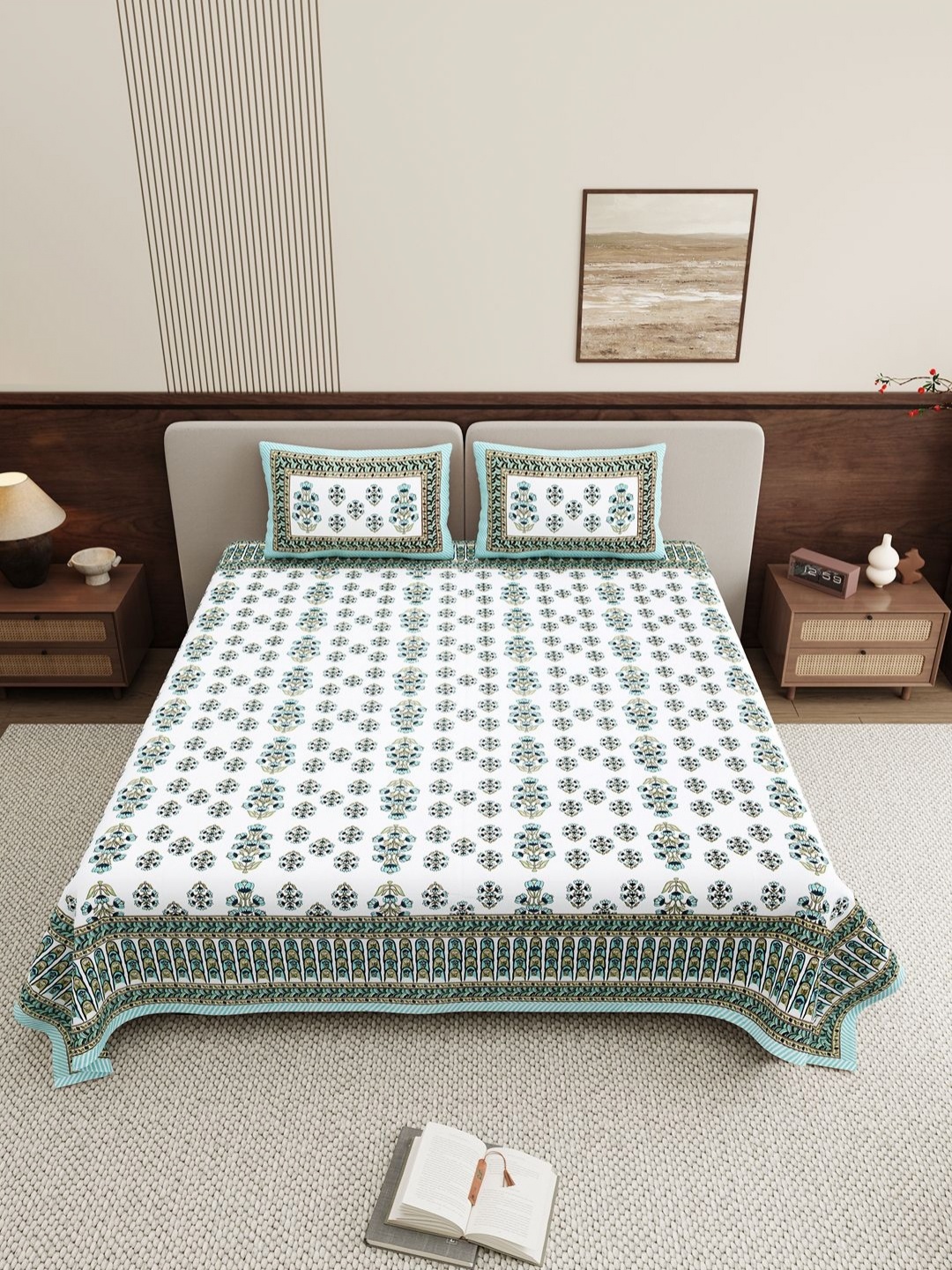 

BELLA CASA White & Blue Ethnic Motifs 250 TC King Bedsheet with 2 Pillow Covers