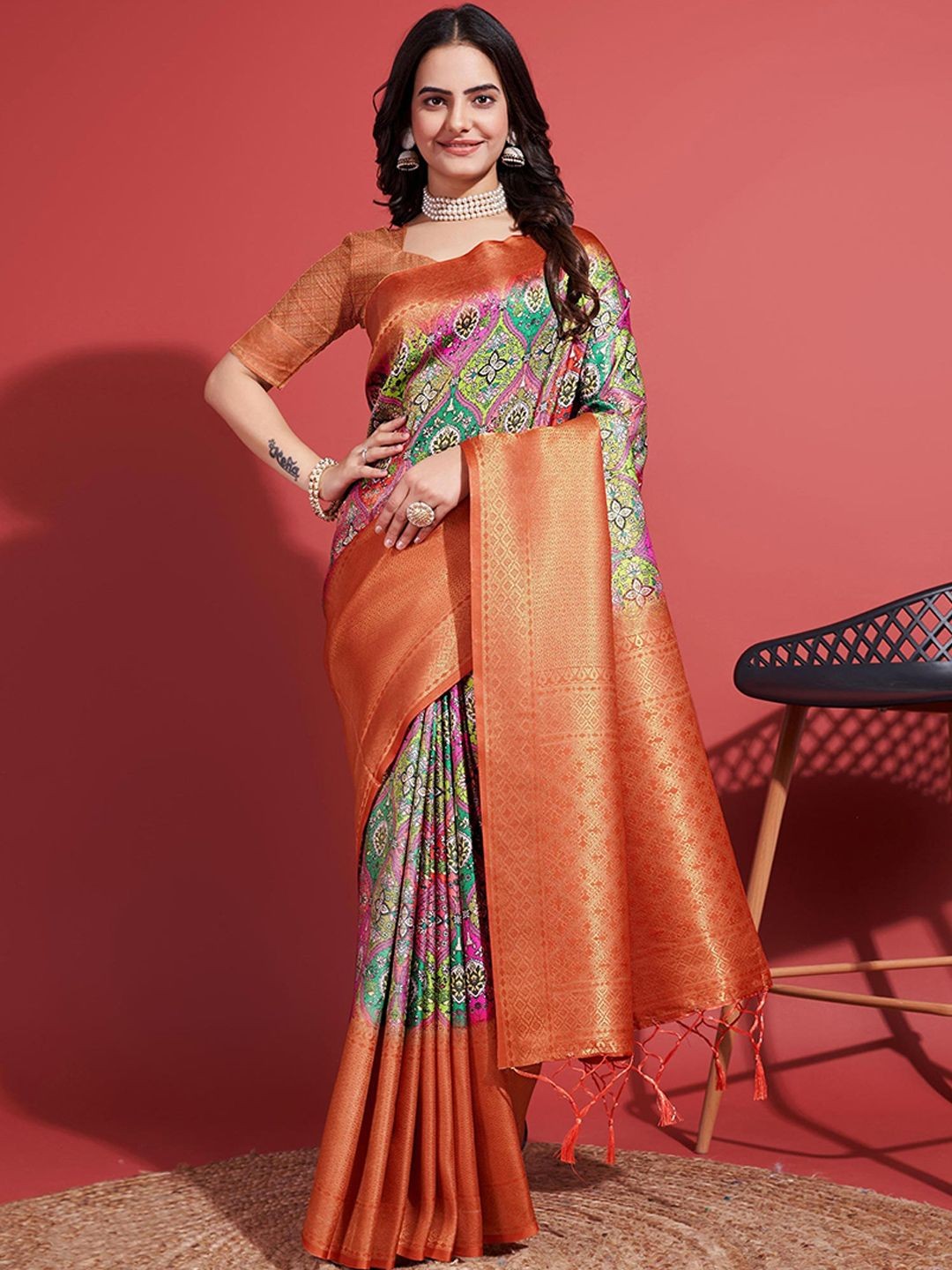 

Peachmode Woven Design Zari Pure Silk Banarasi Saree, Orange