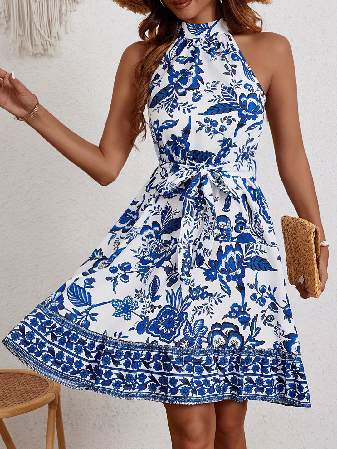 

all about you Floral Print Halter Neck Fit & Flare Dress, Blue