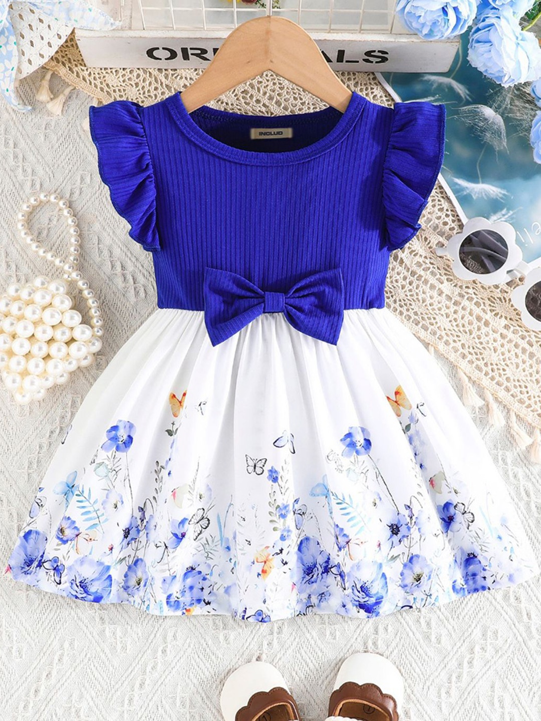 

INCLUD Floral Print Flared Sleeve Fit & Flare Dress, Blue