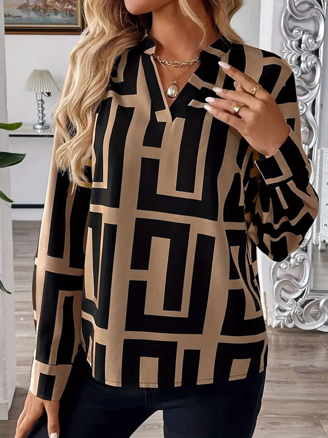 

JC Mode Geometric Print Mandarin Collar Top, Black
