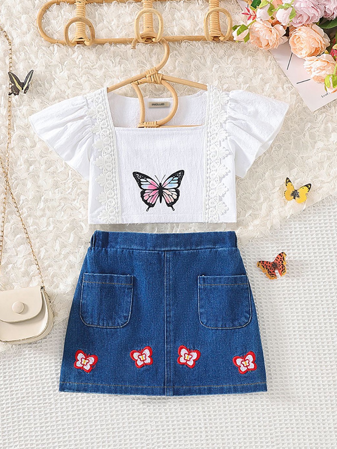 

INCLUD Girls Printed Top with Skirt, White