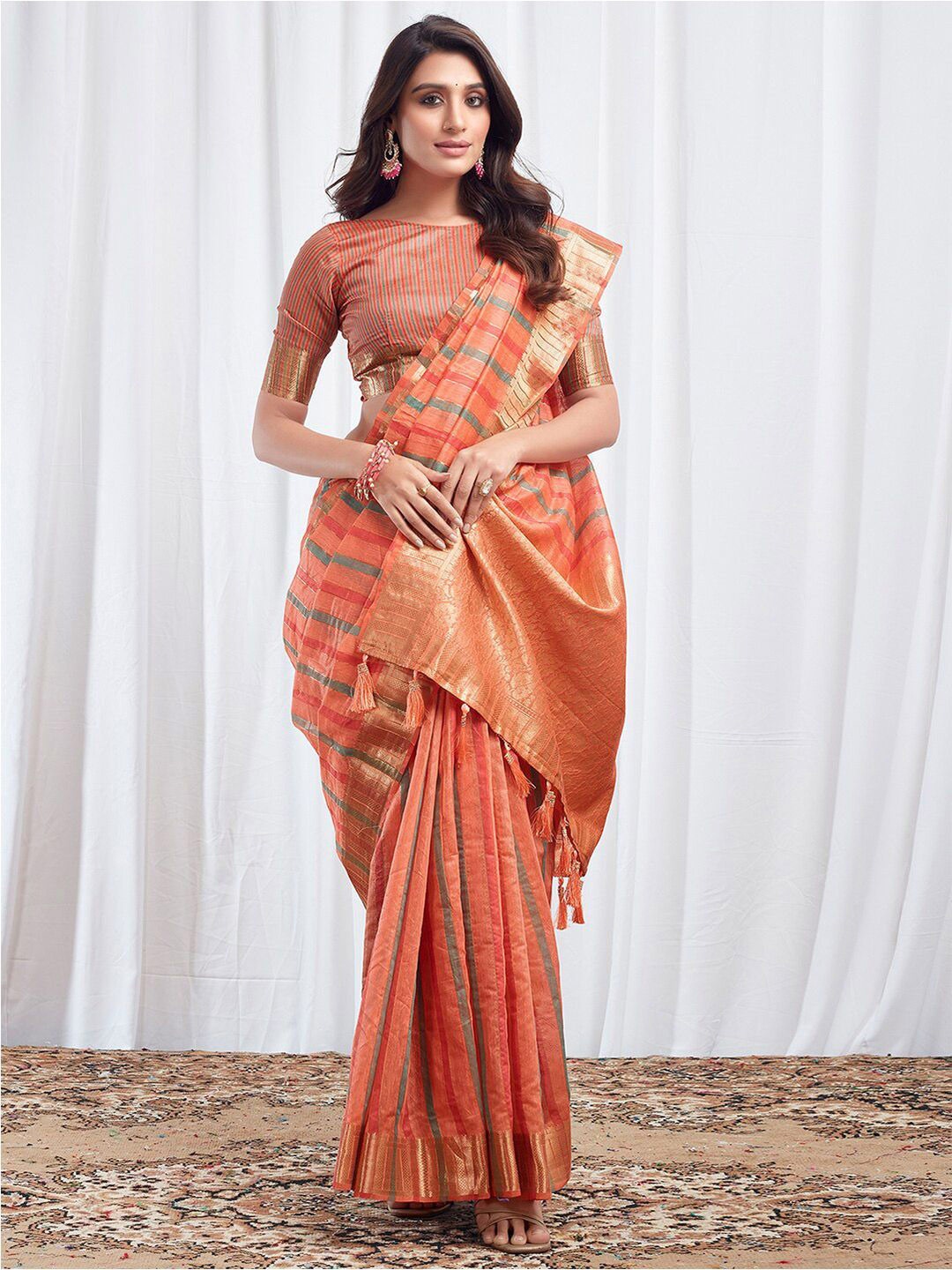 

DIVASTRI Woven Design Zari Silk Cotton Leheriya Saree, Orange