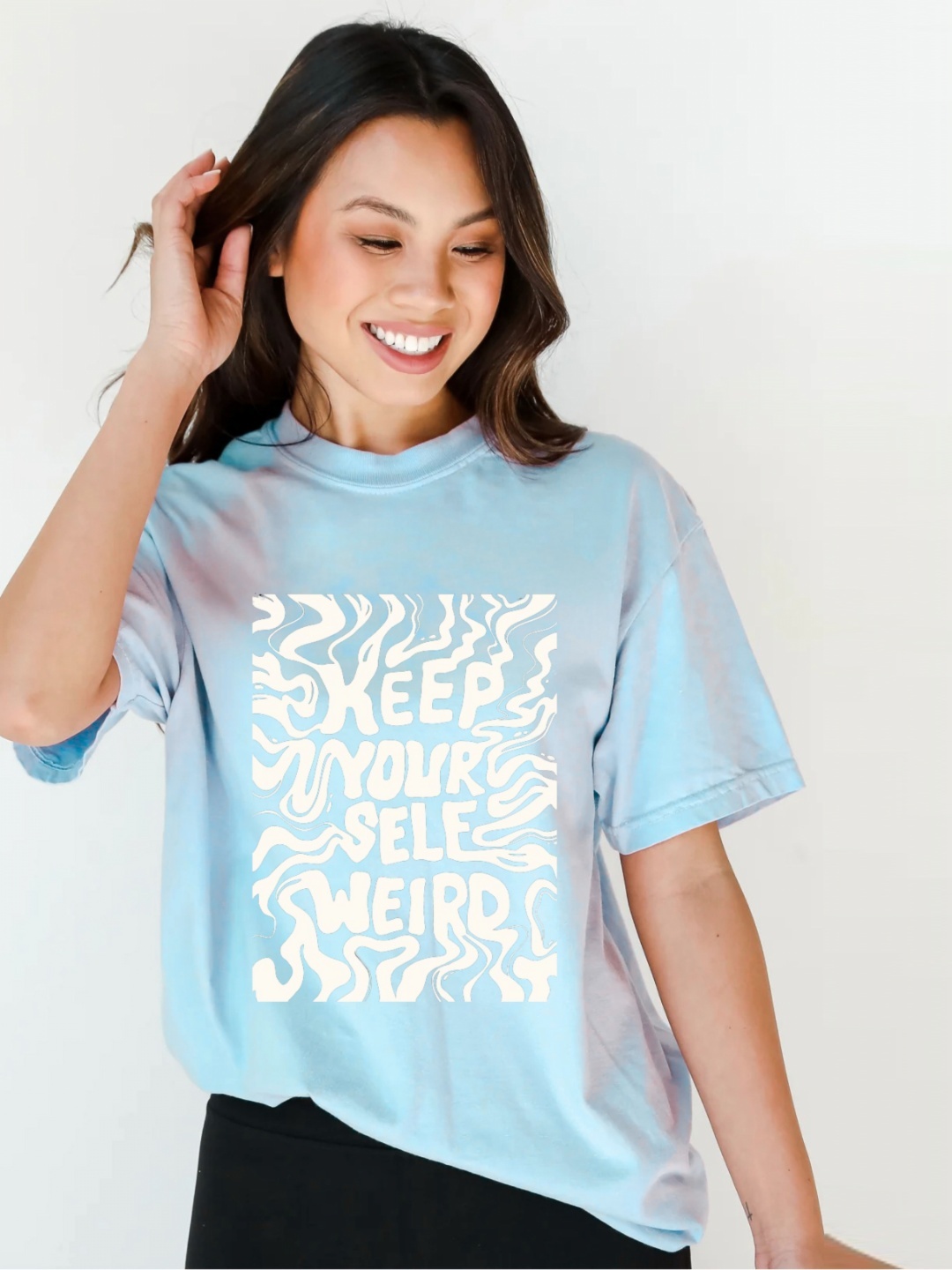 

RAYACLOSET Women Typography Printed Extended Sleeves Pockets T-shirt, Blue