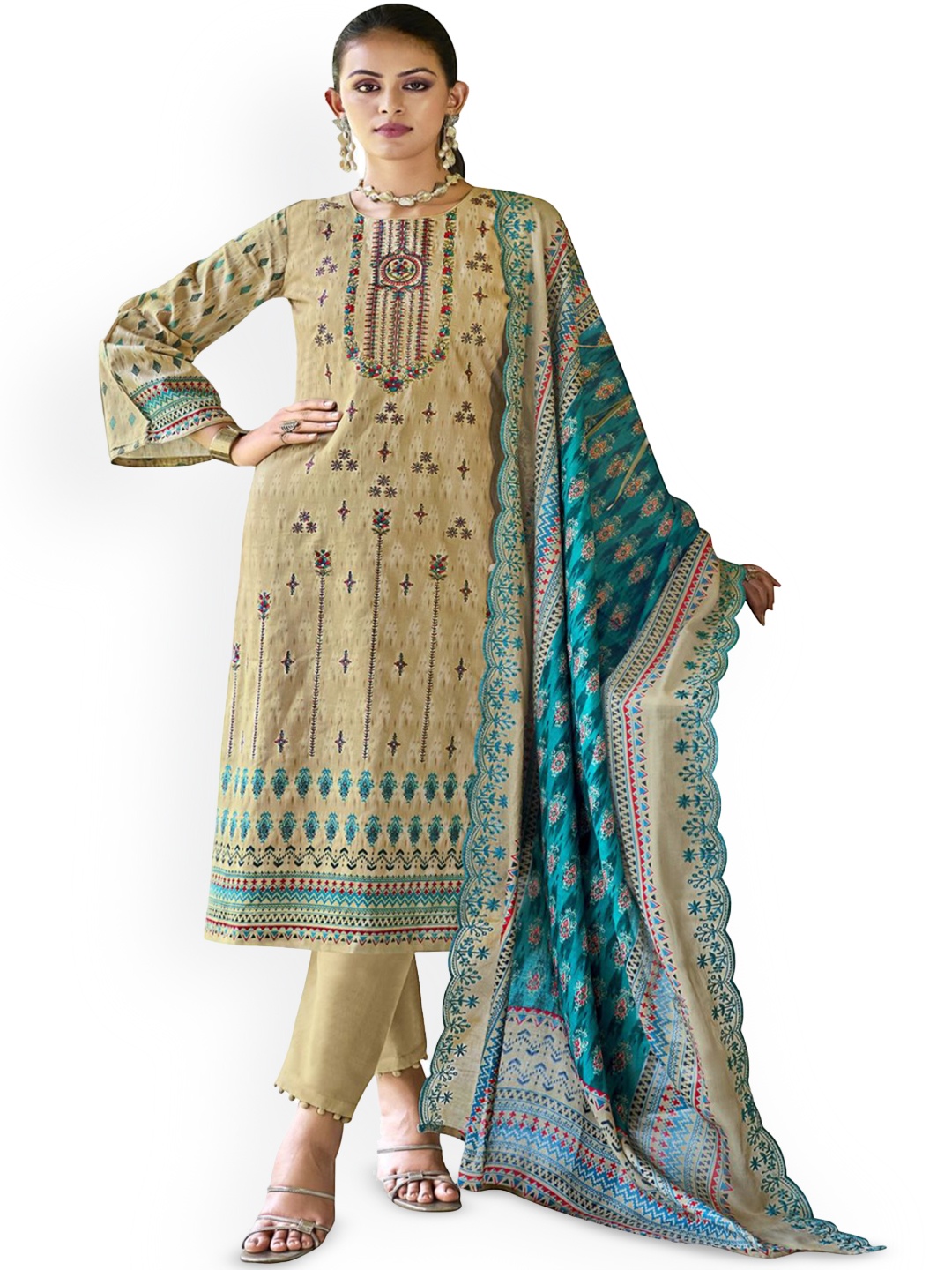 

DRAVINAM Trends Embroidered Pure Cotton Unstitched Dress Material, Beige
