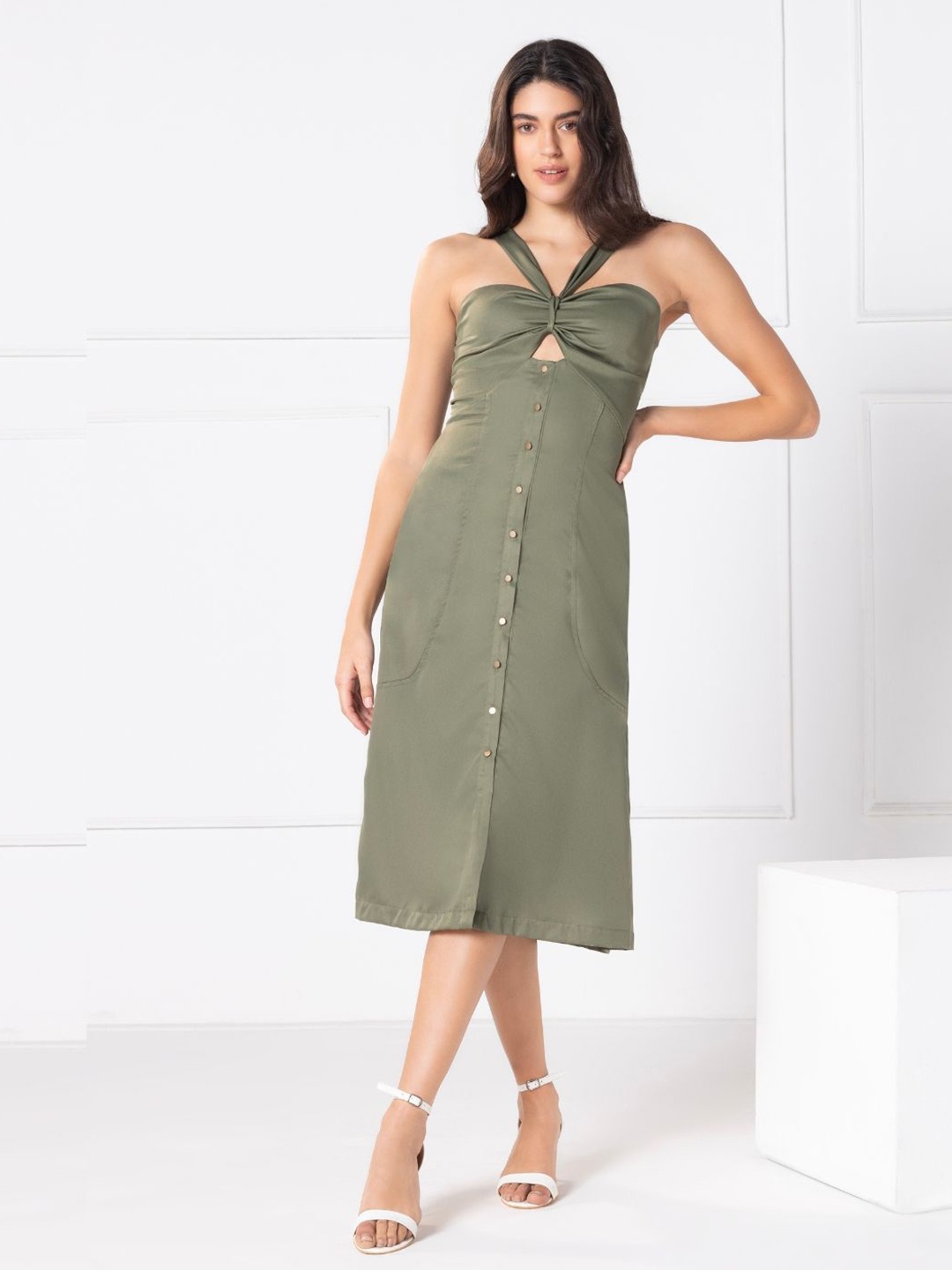 

JULO Tie-Up Neck A-Line Midi Dress, Green