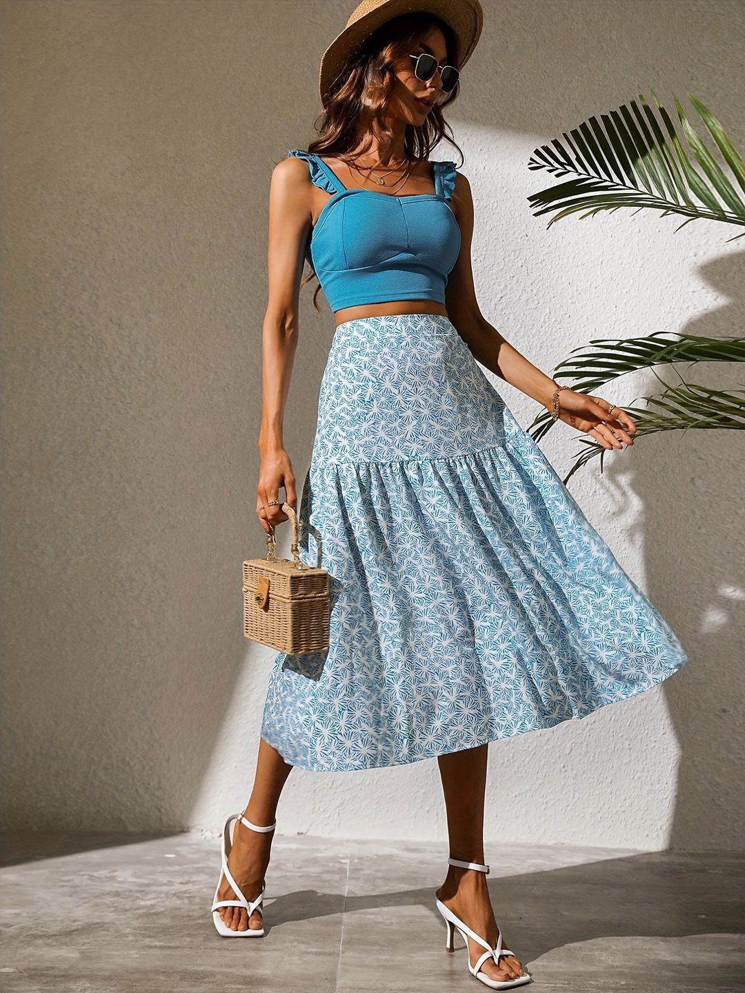 

DressBerry Printed A-Line Midi Skirt, Blue