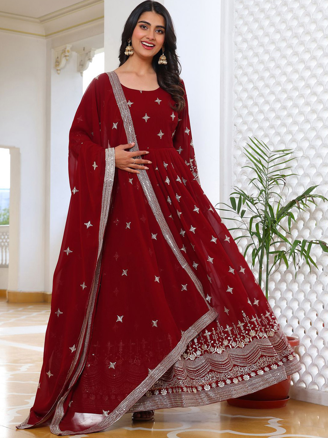 

KALINI Embroidered Round Neck Ethinc Dress With Dupatta, Maroon