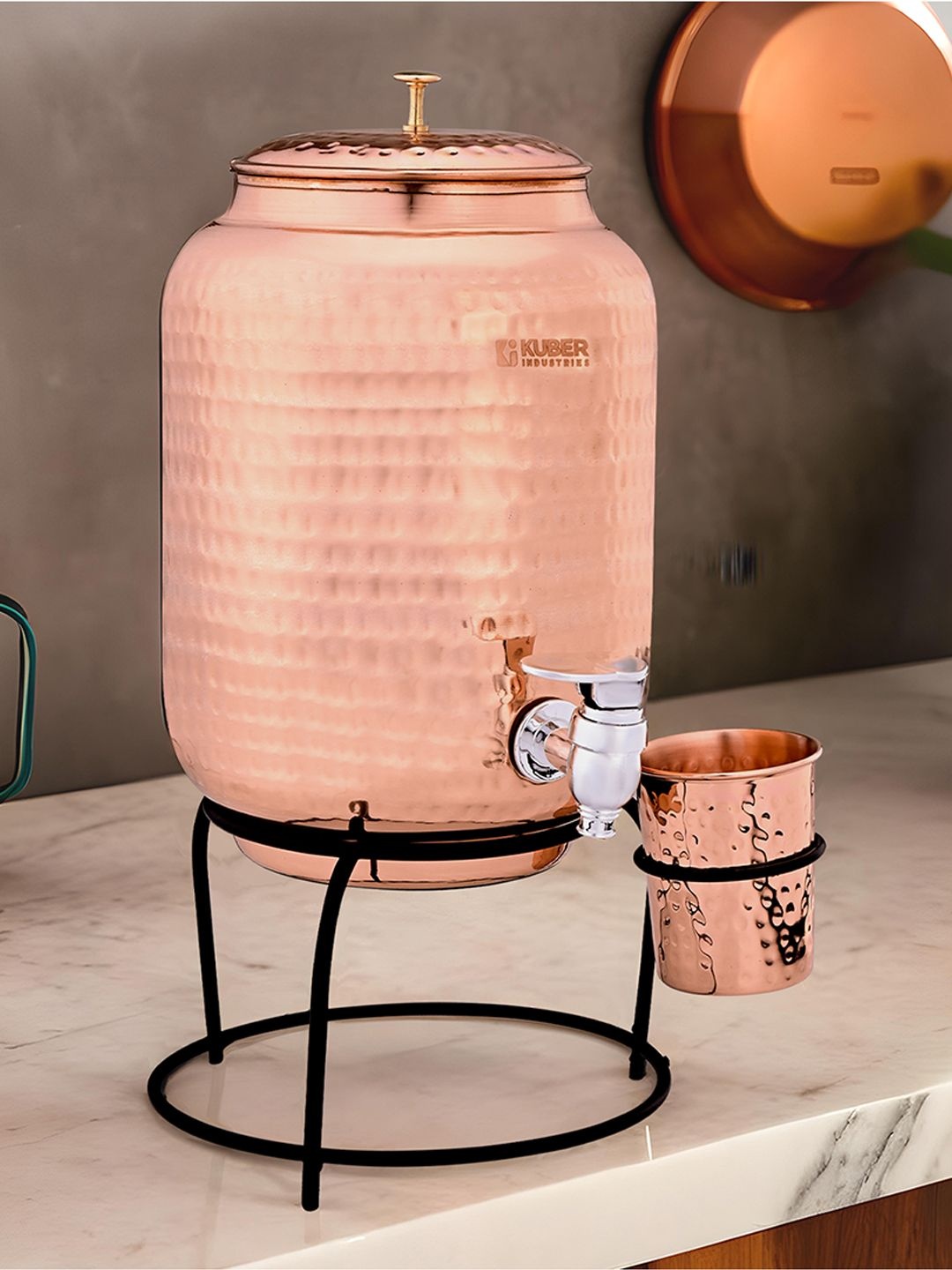 

Kuber Industries Hammered Texture Copper Water Dispenser Jug with Stand and Glass- 5L