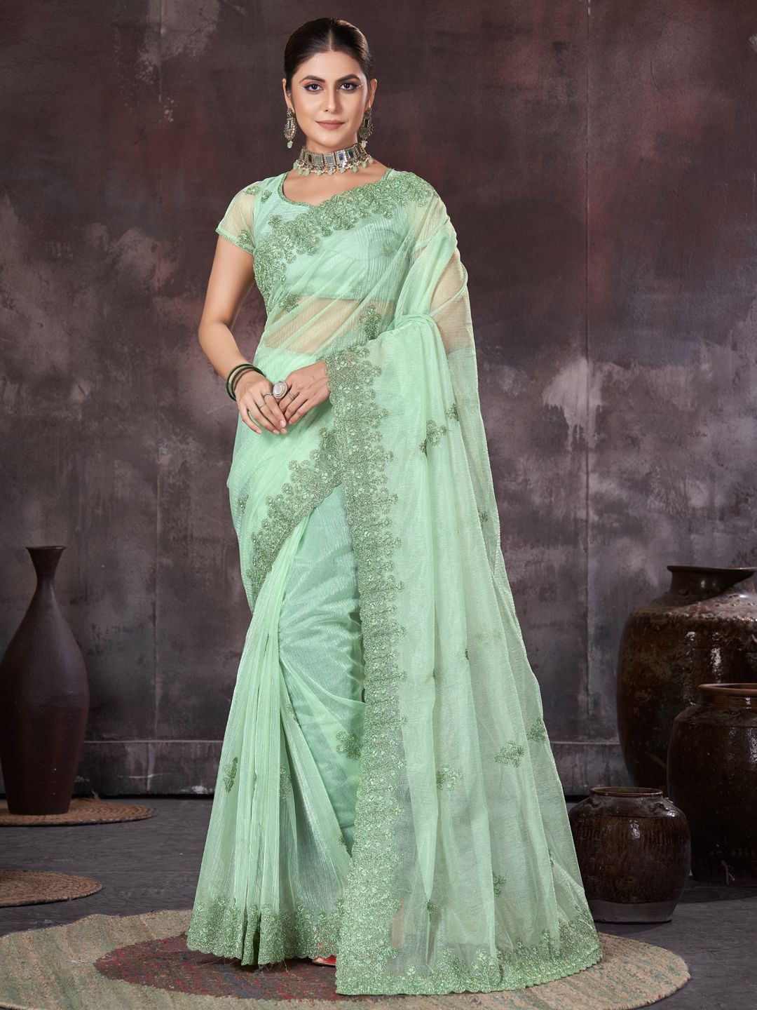 

LeeliPeeri Designer Floral Embroidered Organza Saree, Green