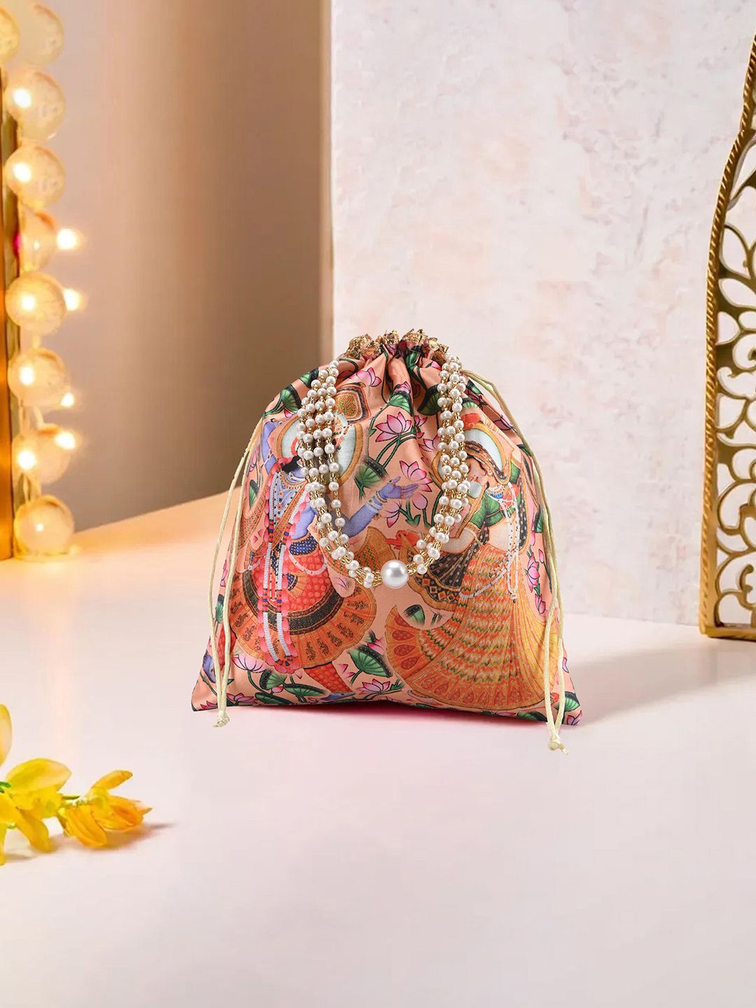 

Kuber Industries Unisex Printed Women & Girls With Pearl Handle Potli Clutch, Peach