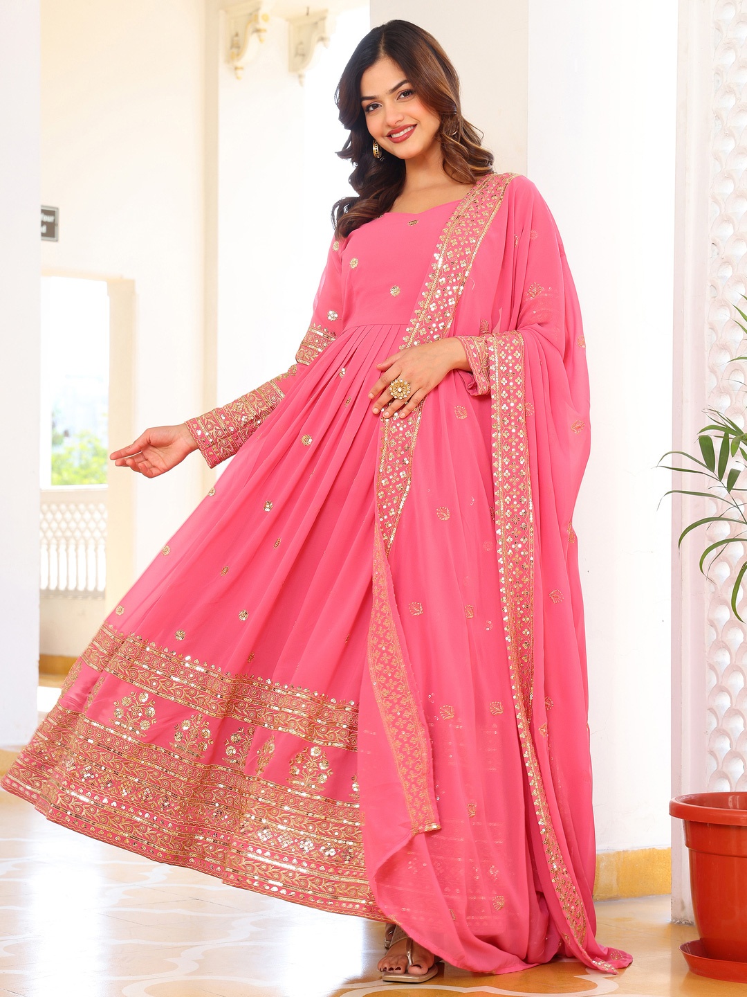 

KALINI Women Embroidered Regular Sequinned Kurta with Pyjamas & With Dupatta, Pink