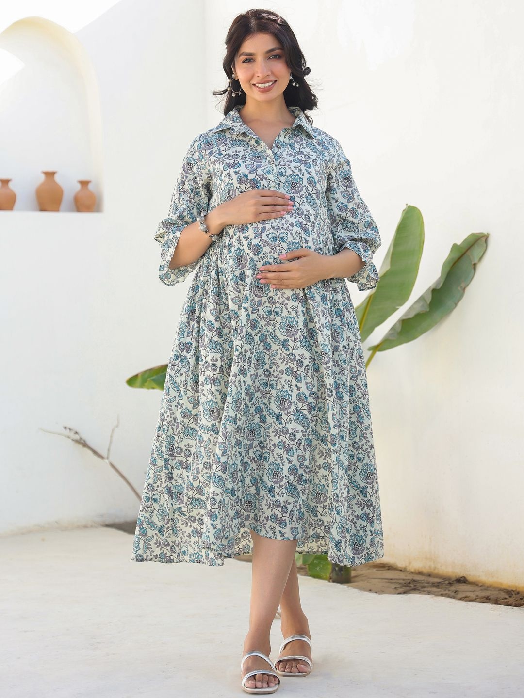 

Janasya Women's Off White Pure Cotton Floral Printed A-Line Maternity Dress