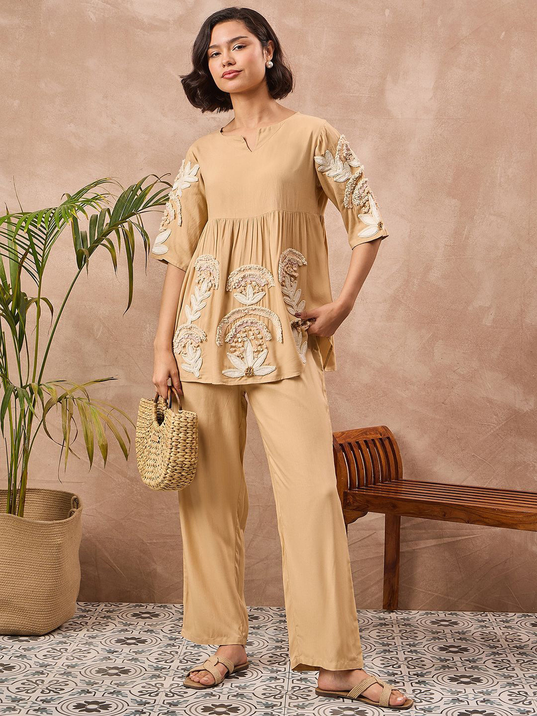 

ZUMMER Embroidered Tunic With Trouser Co-Ords, Beige