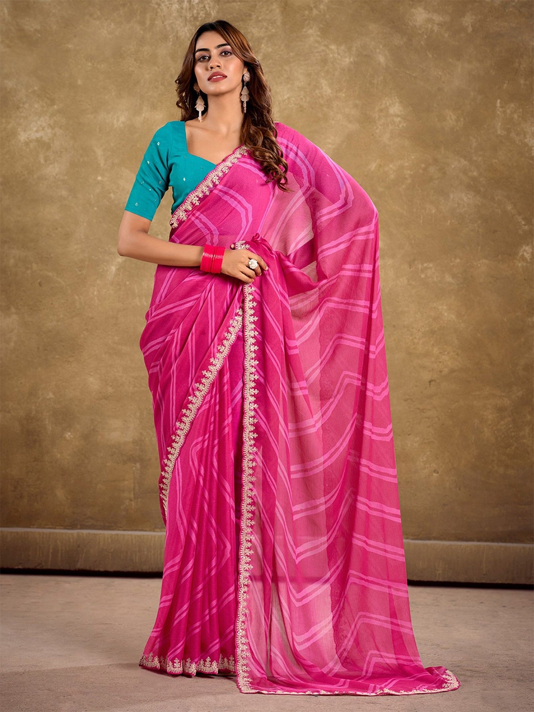 

LeeliPeeri Designer Leheriya Embroidered Poly Chiffon Saree, Pink