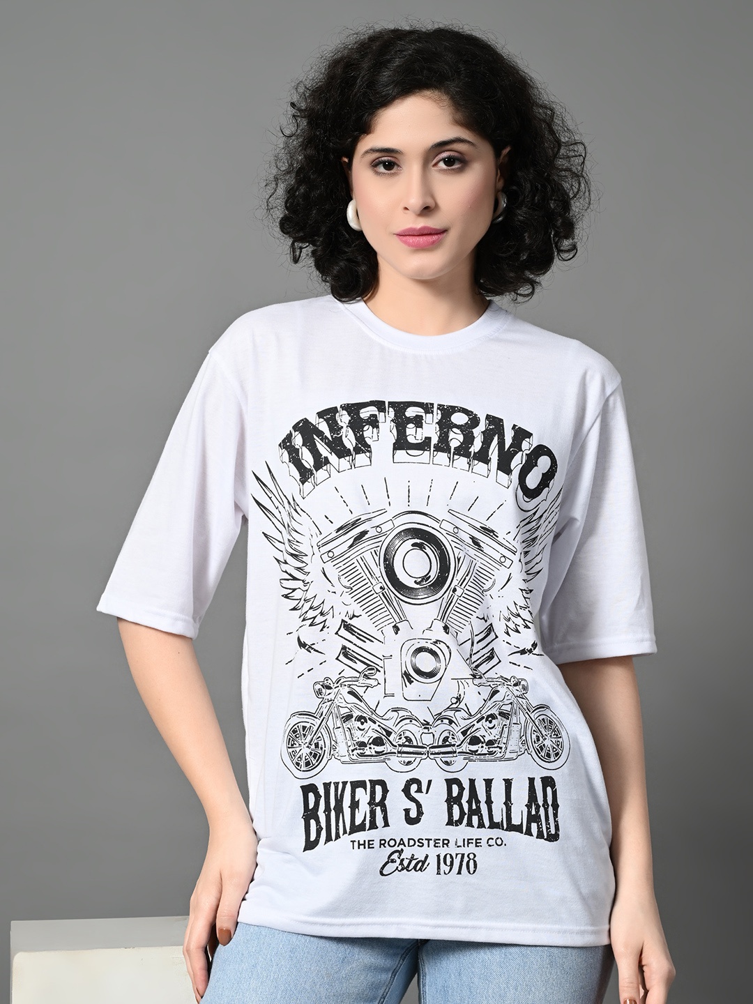 

CORSICA Women Biker Printed Drop-Shoulder Sleeves Bio Finish T-shirt, White